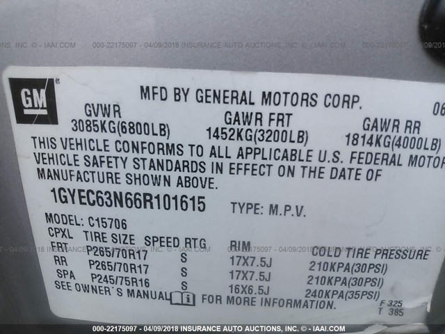 1GYEC63N66R101615 - 2006 CADILLAC ESCALADE LUXURY رمادي صورة 9