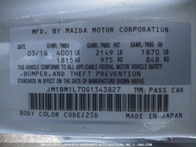 JM1BM1L70G1343827 - 2016 MAZDA 3 TOURING WHITE photo 9