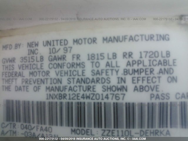 1NXBR12E4WZ014767 - 1998 TOYOTA COROLLA VE/CE/LE 白色 照片 9