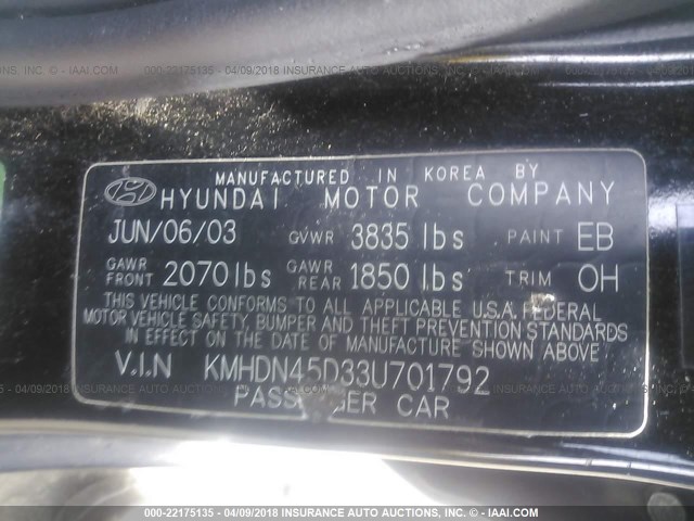 KMHDN45D33U701792 - 2003 HYUNDAI ELANTRA GLS/GT BLACK photo 9