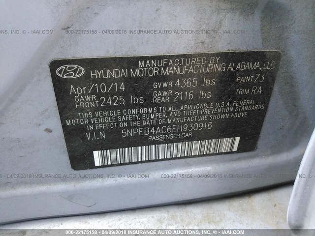 5NPEB4AC6EH930916 - 2014 HYUNDAI SONATA GLS BLUE photo 9