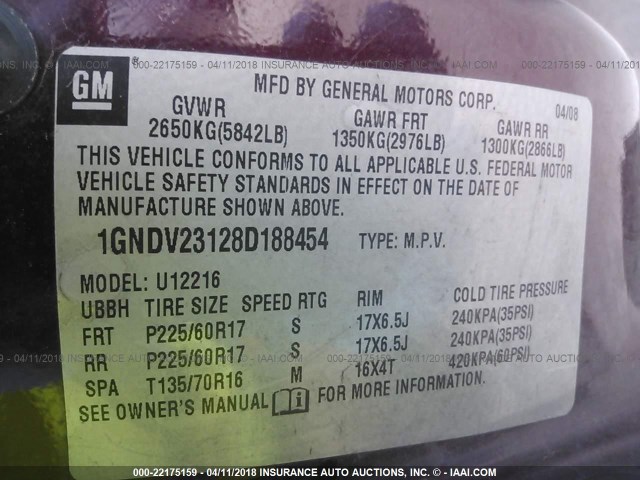 1GNDV23128D188454 - 2008 CHEVROLET UPLANDER LS 勃艮第红 照片 9