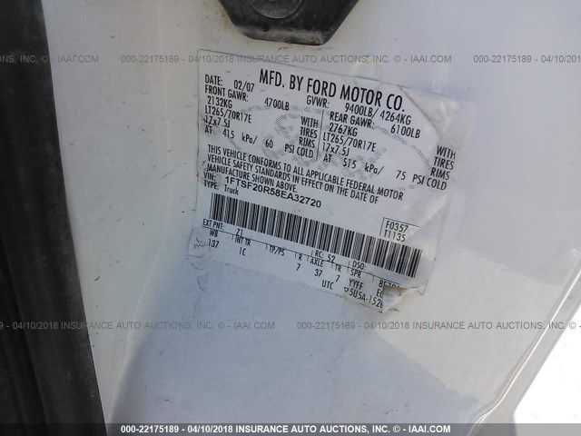 1FTSF20R58EA32720 - 2008 FORD F250 SUPER DUTY WHITE photo 9