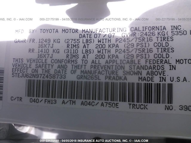 5TEJU62N97Z458733 - 2007 TOYOTA TACOMA DOUBLE CAB PRERUNNER WHITE photo 9