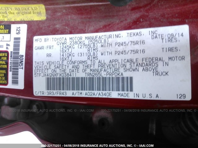 5TFJX4GNXFX038411 - 2015 TOYOTA TACOMA DOUBLE CAB PRERUNNER RED photo 9