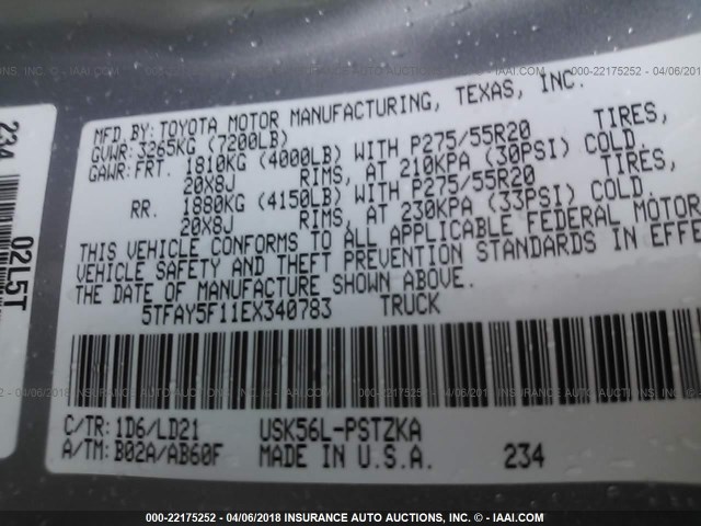 5TFAY5F11EX340783 - 2014 TOYOTA TUNDRA CREWMAX PLATINUM Gümüş foto 9