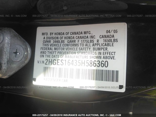 2HGES16435H586360 - 2005 HONDA CIVIC DX BLACK photo 9