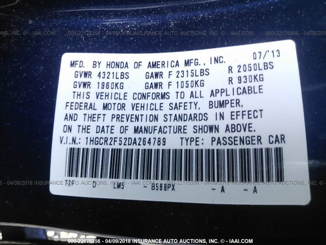 1HGCR2F52DA264789 - 2013 HONDA ACCORD SPORT ლურჯი ფოტო 9