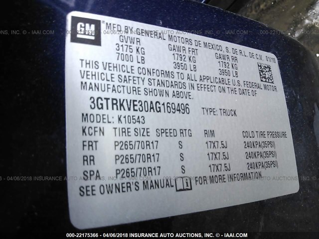 3GTRKVE30AG169496 - 2010 GMC SIERRA K1500 SLE BLUE photo 9