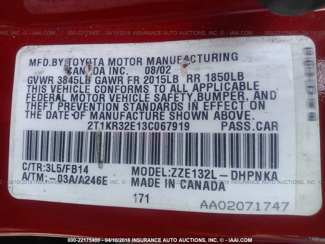 2T1KR32E13C067919 - 2003 TOYOTA COROLLA MATRIX XR RED photo 9