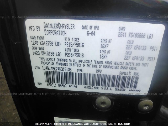 1J4GL48K74W315135 - 2004 JEEP LIBERTY SPORT 黑色 照片 9