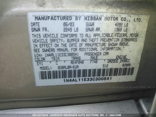 1N4AL11E33C300541 - 2003 NISSAN ALTIMA S/SL GOLD photo 9