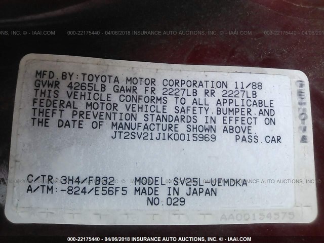 JT2SV21J1K0015969 - 1989 TOYOTA CAMRY DLX RED photo 9