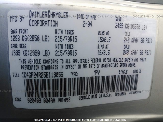 1D4GP24R25B113056 - 2005 DODGE GRAND CARAVAN SE SILVER photo 9