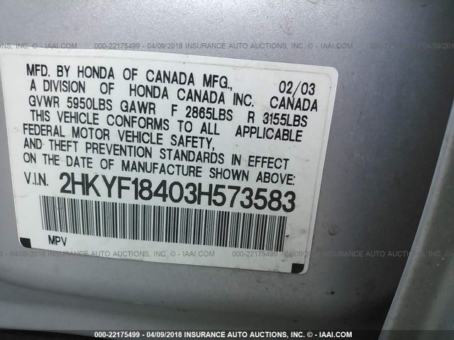 2HKYF18403H573583 - 2003 HONDA PILOT EX SILVER photo 9