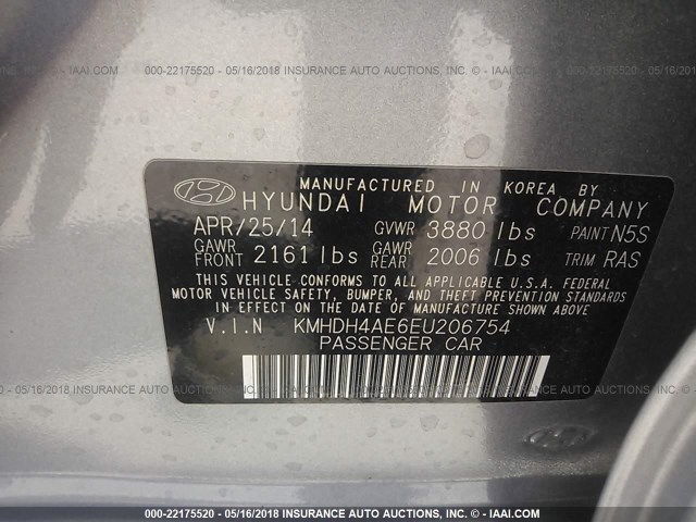 KMHDH4AE6EU206754 - 2014 HYUNDAI ELANTRA SE/SPORT/LIMITED GRAY photo 9