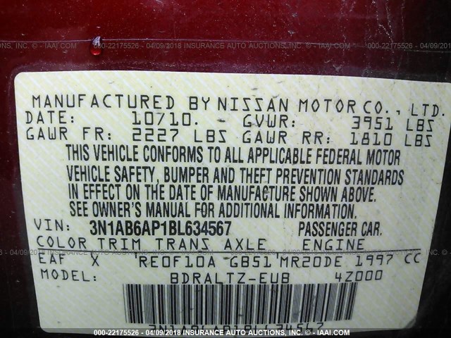 3N1AB6AP1BL634567 - 2011 NISSAN SENTRA 2.0/2.0S/SR/2.0SL RED photo 9