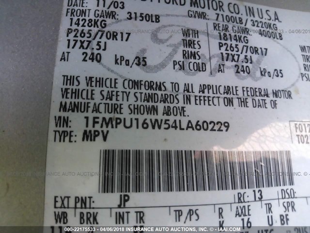 1FMPU16W54LA60229 - 2004 FORD EXPEDITION XLT ვერცხლისფერი ფოტო 9