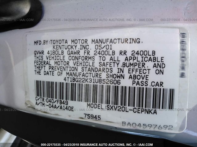 4T1BG22K31U852606 - 2001 TOYOTA CAMRY CE/LE/XLE 白色 照片 9