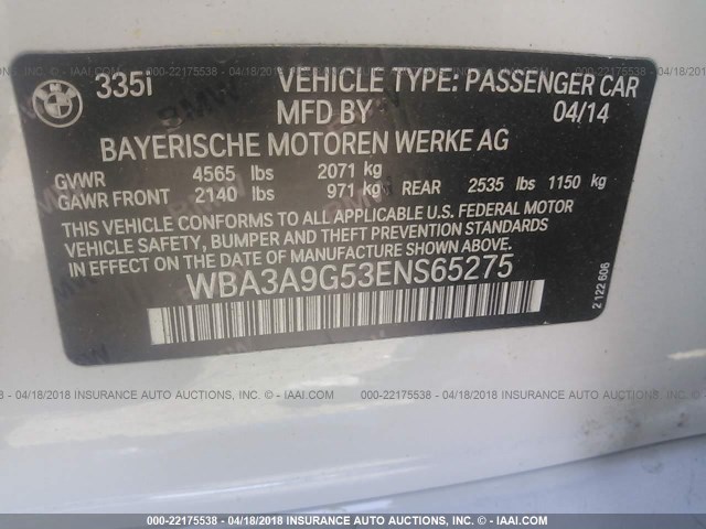 WBA3A9G53ENS65275 - 2014 BMW 335 I WHITE photo 9