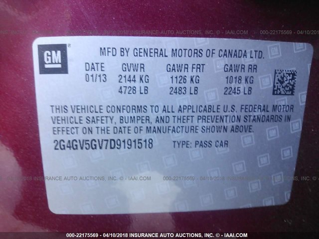 2G4GV5GV7D9191518 - 2013 BUICK REGAL GS RED photo 9