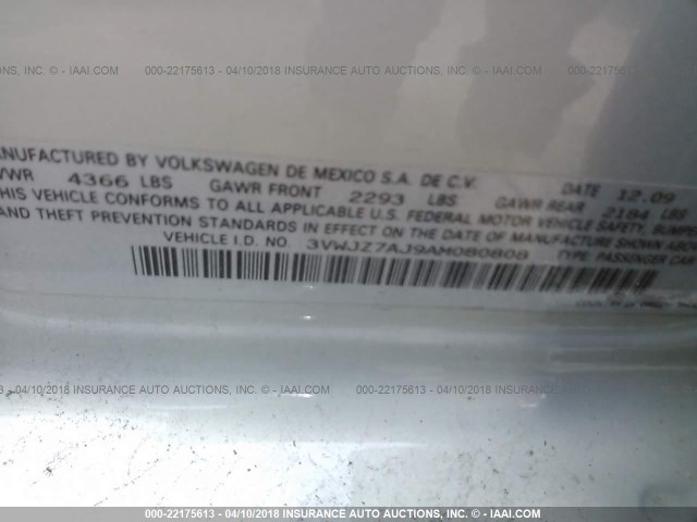 3VWJZ7AJ9AM080808 - 2010 VOLKSWAGEN JETTA S 银色 照片 9