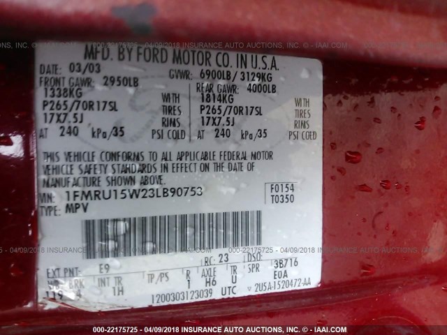 1FMRU15W23LB90753 - 2003 FORD EXPEDITION XLT 红色 照片 9