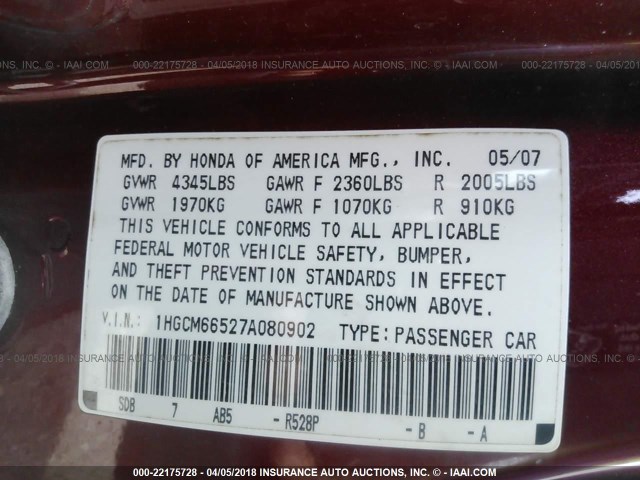 1HGCM66527A080902 - 2007 HONDA ACCORD EX RED photo 9