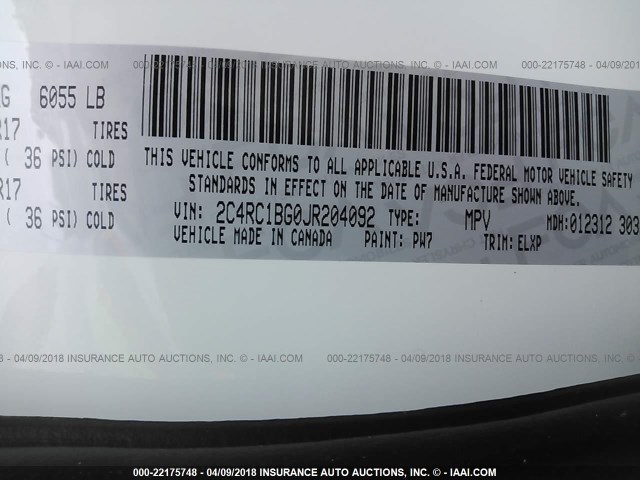 2C4RC1BG0JR204092 - 2018 CHRYSLER PACIFICA TOURING L Սպիտակ լուսանկար 9