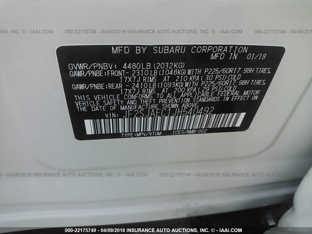 JF2SJAEC1JH540492 - 2018 SUBARU FORESTER 2.5I PREMIUM WHITE photo 9