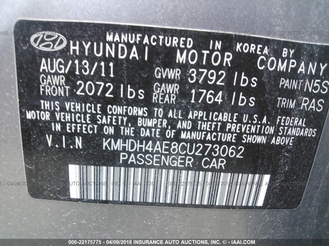 KMHDH4AE8CU273062 - 2012 HYUNDAI ELANTRA GLS/LIMITED SILVER photo 9