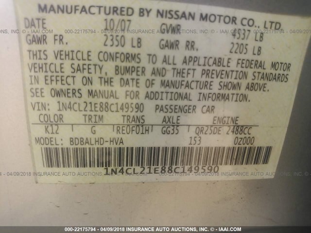 1N4CL21E88C149590 - 2008 NISSAN ALTIMA HYBRID SILVER photo 9