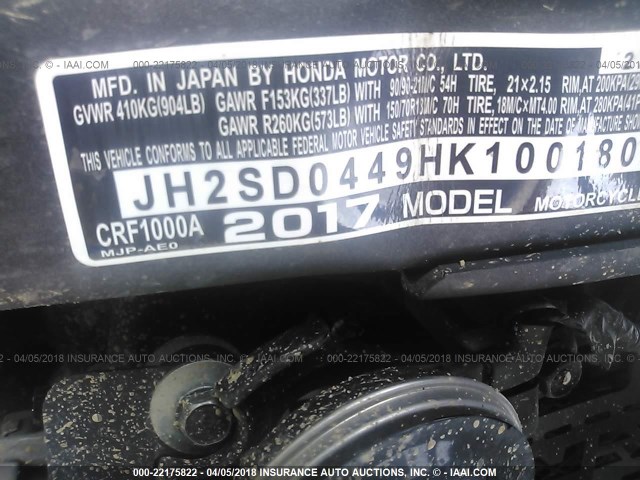 JH2SD0449HK100180 - 2017 HONDA CRF1000 BLACK photo 10