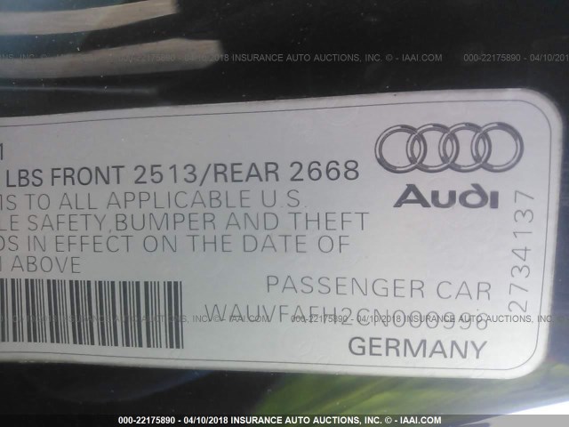 WAUVFAFH2CN000996 - 2012 AUDI A5 PRESTIGE BLACK photo 9