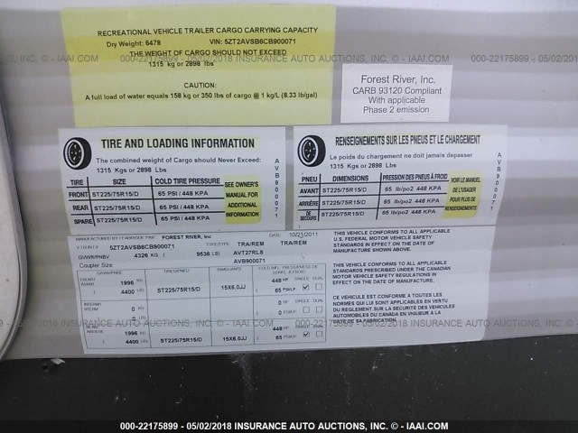 5ZT2AVSB6CB900071 - 2012 FOREST RIVER AVENGER  白色 照片 9