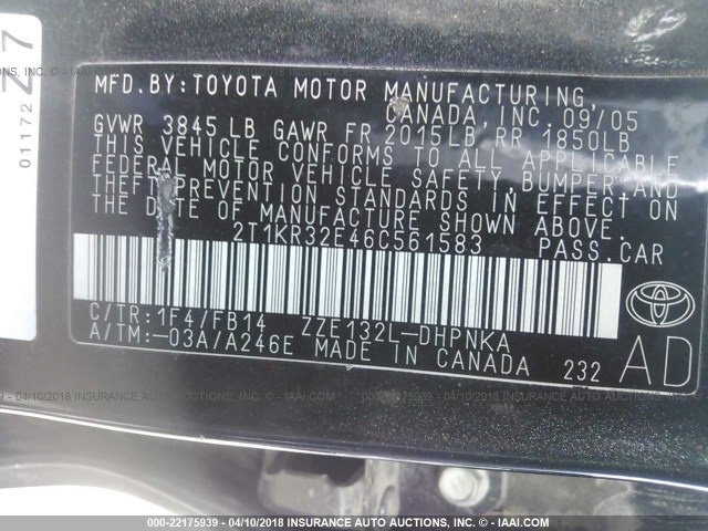 2T1KR32E46C561583 - 2006 TOYOTA COROLLA MATRIX XR BLACK photo 9