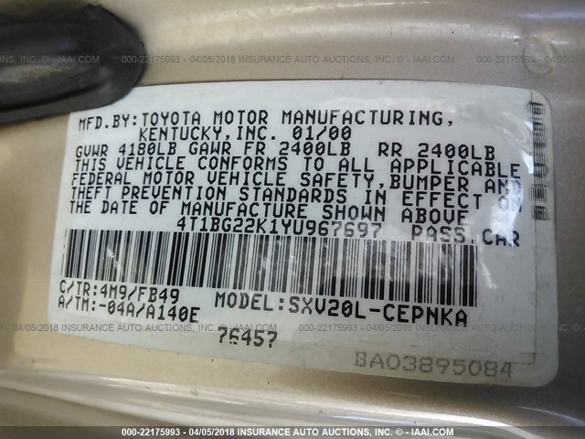 4T1BG22K1YU967697 - 2000 TOYOTA CAMRY CE/LE/XLE SILVER photo 9