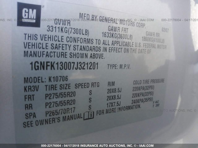 1GNFK13007J321201 - 2007 CHEVROLET TAHOE K1500 SILVER photo 9