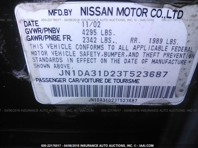 JN1DA31D23T523687 - 2003 NISSAN MAXIMA GLE/GXE/SE GRAY photo 9