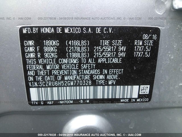 3CZRU6H52GM770328 - 2016 HONDA HR-V EX SILVER photo 9