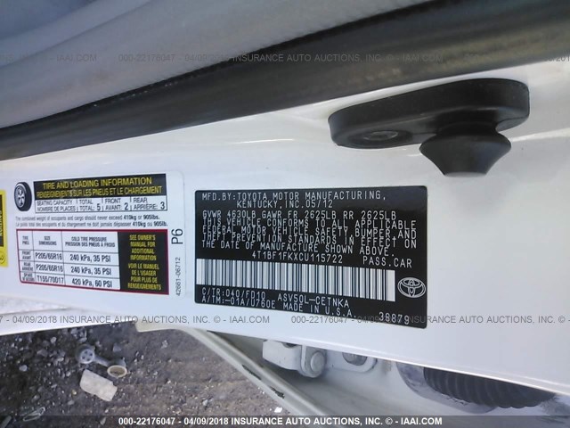 4T1BF1FKXCU115722 - 2012 TOYOTA CAMRY SE/LE/XLE WHITE photo 9