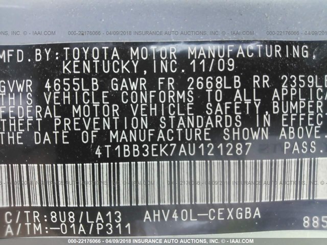 4T1BB3EK7AU121287 - 2010 TOYOTA CAMRY HYBRID Light Blue photo 9