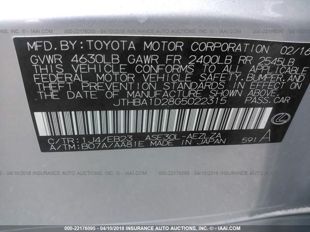 JTHBA1D28G5022315 - 2016 LEXUS IS 200T SILVER photo 9