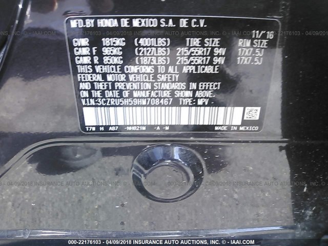 3CZRU5H59HM708467 - 2017 HONDA HR-V EX BLACK photo 9