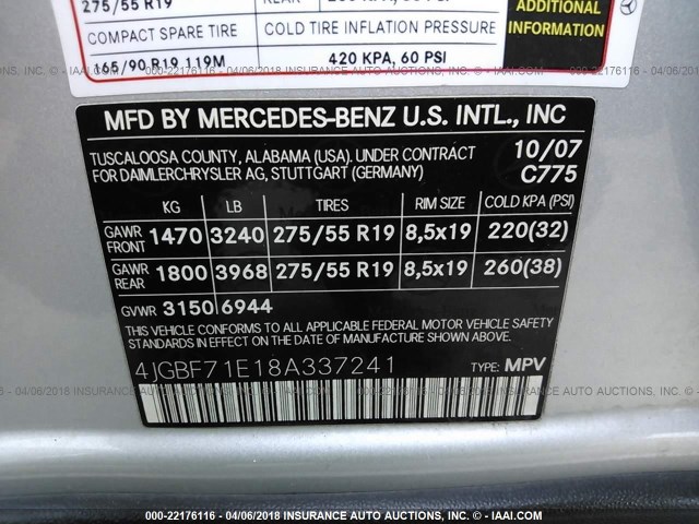 4JGBF71E18A337241 - 2008 MERCEDES-BENZ GL 450 4MATIC SILVER photo 9