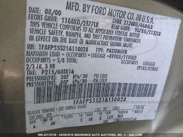 1FAFP55S21A110028 - 2001 FORD TAURUS SES GOLD photo 9