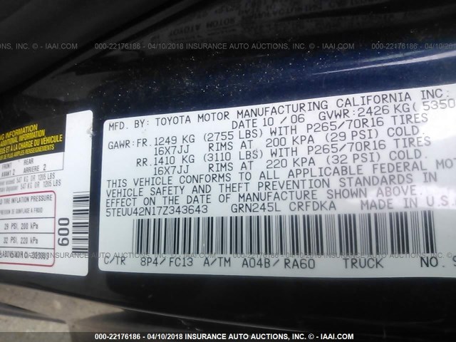 5TEUU42N17Z343643 - 2007 TOYOTA TACOMA ACCESS CAB Blau Foto 9