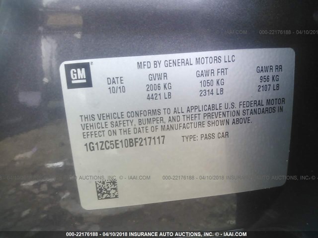 1G1ZC5E10BF217117 - 2011 CHEVROLET MALIBU 1LT 黑色 照片 9