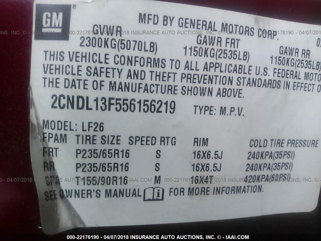 2CNDL13F556156219 - 2005 CHEVROLET EQUINOX LS RED photo 9