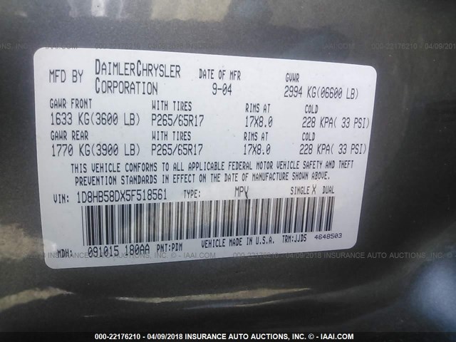 1D8HB58DX5F518561 - 2005 DODGE DURANGO LIMITED GRAY photo 9